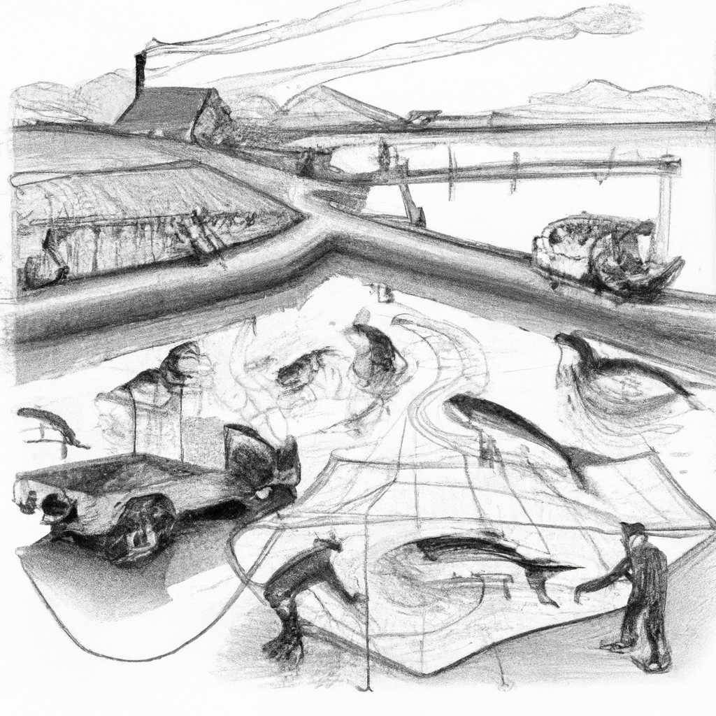 A hand-drawn black and white pencil sketch of a bustling fish farming scene, featuring numerous ponds filled with lively catfish. Farmers are tending to the ponds, checking fish health and preparing them for export. In the background, trucks are being loaded with crates filled with catfish, ready to be transported to international markets. Detailed nets, water ripples, and lush vegetation add authenticity to the scene.