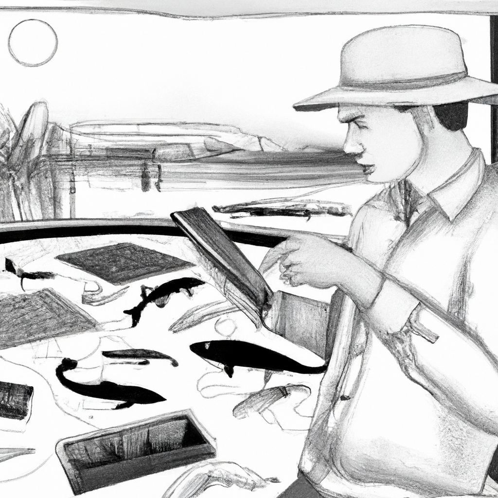 A hand-drawn black and white pencil illustration depicting the digital era impact on catfish farming. The scene includes a fish farmer using a tablet, surrounded by catfish ponds and modern technology elements like drones and sensors. The backdrop contrasts traditional fish farming with digital tools, demonstrating the opportunities and challenges in the industry.