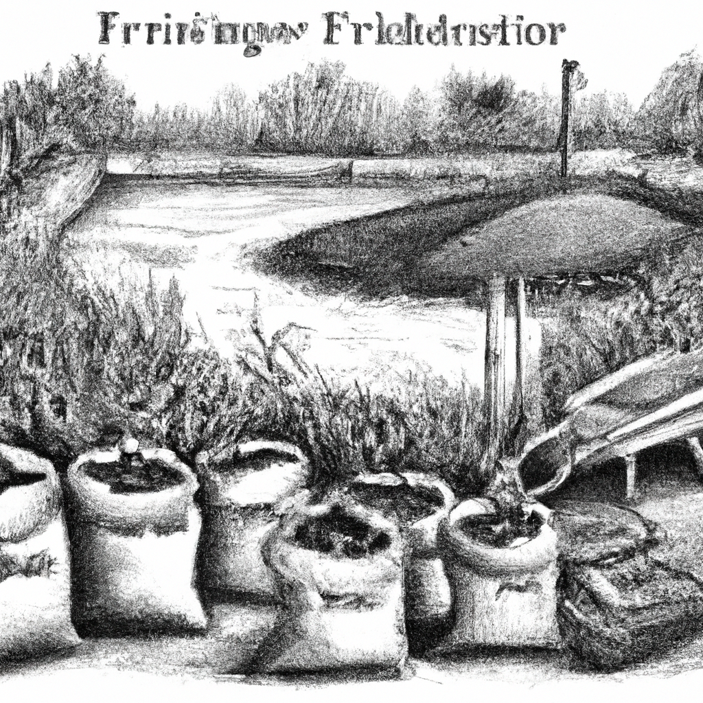 A hand-drawn black and white pencil illustration of a lush vegetable garden thriving with organic growth, surrounded by a serene fish farming setup featuring catfish ponds. In the foreground, there's a scene showing organic fertilizer being prepared from catfish waste, with bags labeled "Organic Fertilizer." The overall atmosphere should convey sustainable agriculture and harmonious use of natural resources.