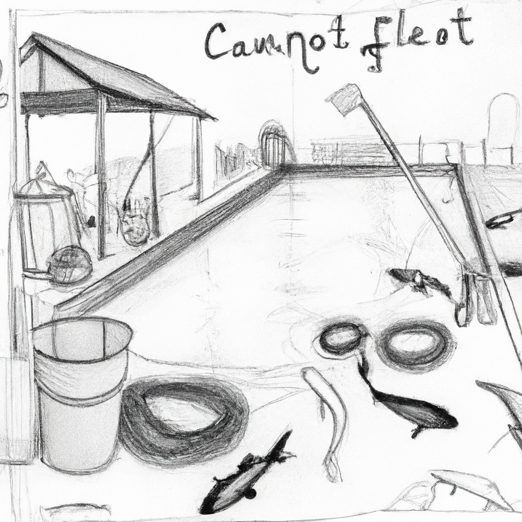 Prompt: A detailed hand-drawn black and white pencil illustration of a peaceful fish farm focusing on catfish (lele) farming. Show ponds or tanks with water, a variety of catfish swimming serenely, and a simple rural setting. Include elements like nets, buckets, and tools used in fish farming to give a sense of activity. The overall mood should convey a tranquil, productive environment suitable for a small-scale home business.