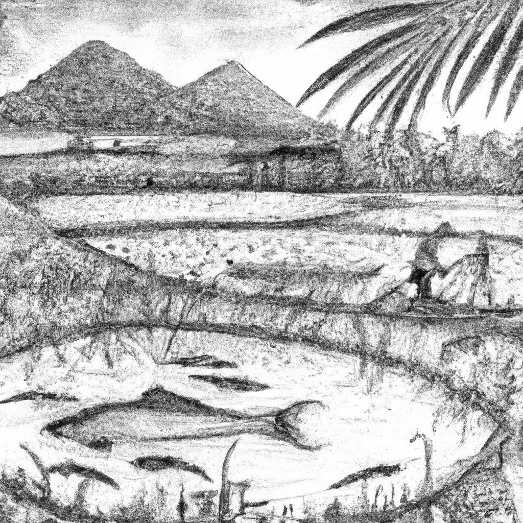 Hand drawn black and white pencil illustration of a traditional Indonesian fish farming scene, featuring a serene pond filled with catfish (Lele) and surrounded by lush greenery. Farmers are tending to the fish with traditional tools, and the background shows a rural Indonesian landscape with rice paddies and mountains.