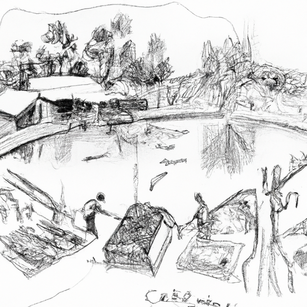 A hand-drawn black and white pencil illustration of a bustling fish farm specializing in catfish (lele), with various ponds and farmers tending to the fish, surrounded by lush vegetation and simple farming tools.