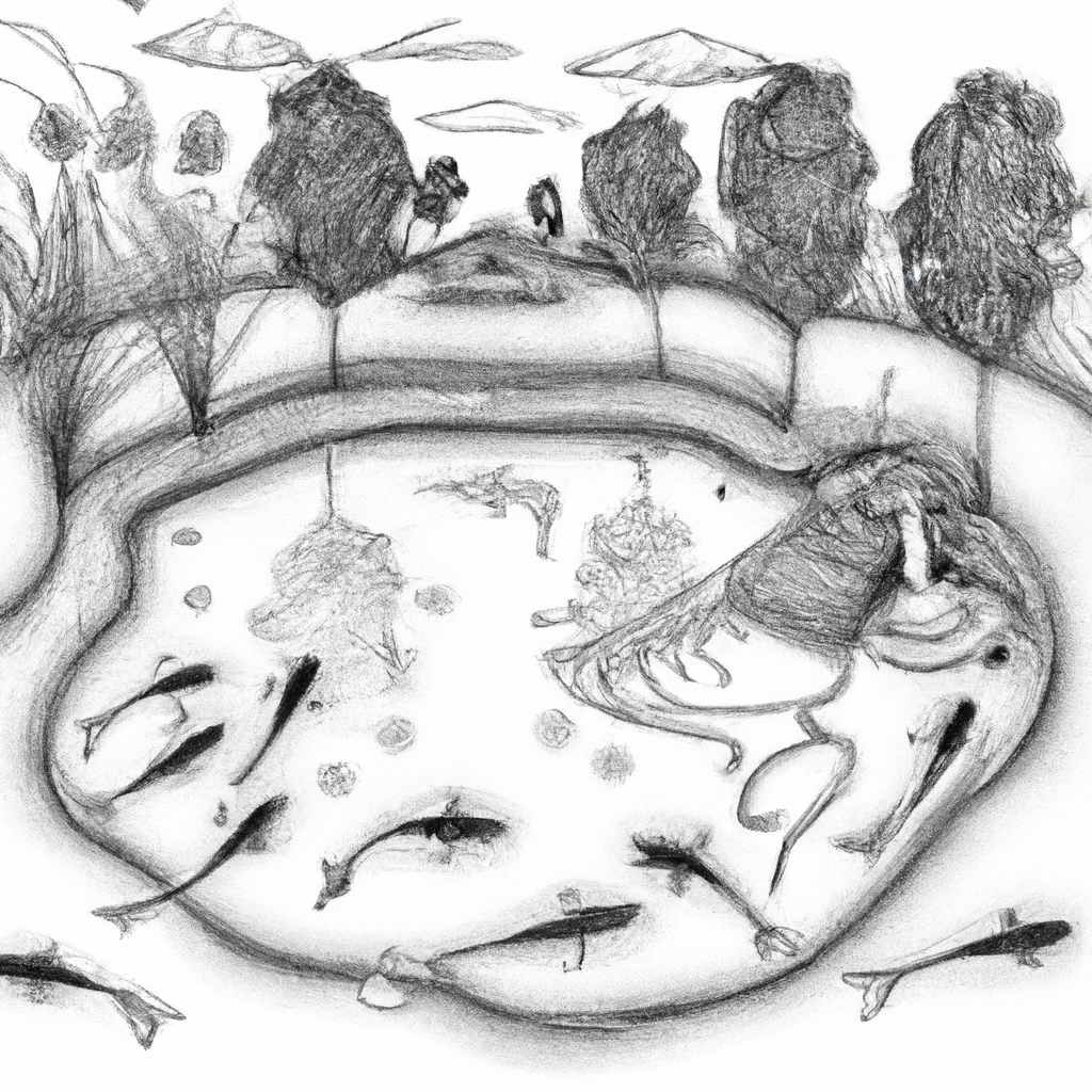 A hand-drawn black and white pencil illustration of a rustic fish farming scene, featuring a detailed view of an outdoor pond filled with lively catfish. Surrounding the pond are various natural feed ingredients like plants, insects, and small fish, showcasing a sustainable and nutritious feeding system. The background includes simple rural landscape elements such as trees, grass, and a wooden fence, all sketched intricately to capture the essence of traditional fish farming.