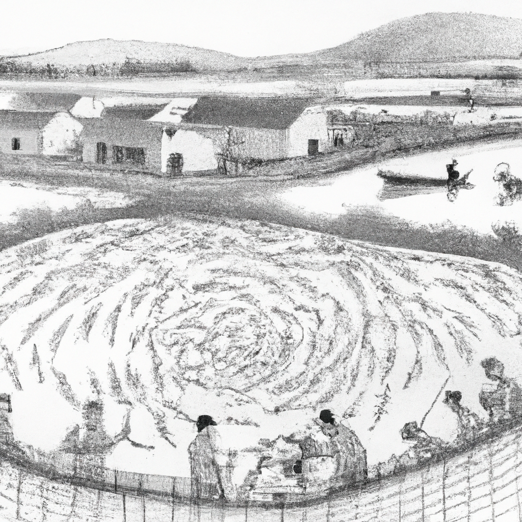A hand-drawn black and white pencil sketch of a lively fish farming scene featuring a detailed depiction of catfish ponds surrounded by fishermen and workers. They are engaging in activities like feeding the fish, checking water quality, and preparing nets. The background shows a typical rural landscape with simple structures and vegetation, emphasizing the dynamic and competitive environment of catfish aquaculture.