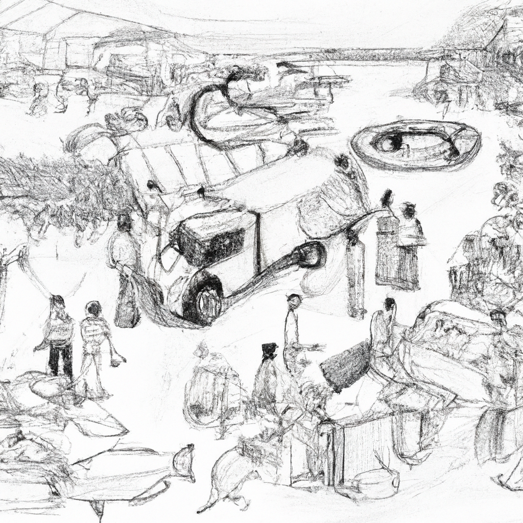 A hand-drawn black and white pencil sketch of a lively fish farm, showcasing a bustling scene with catfish (lele) ponds, farmers tending to the fish and harvesting, and various elements of online business, like a laptop, smartphone, and delivery van, creatively integrated into the scene.