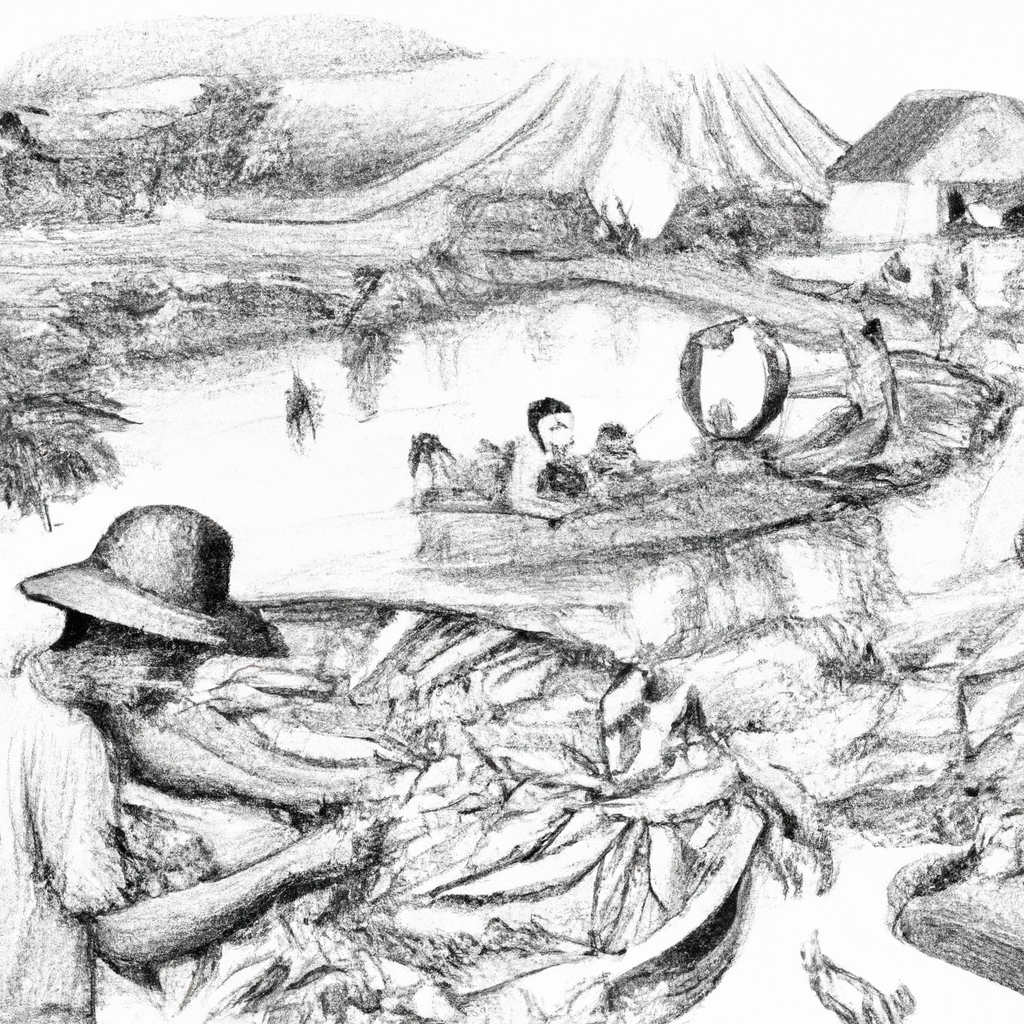 A hand-drawn black and white pencil illustration of a fish farming scene focused on catfish (lele), with farmers working around a series of ponds. The scene includes tools for processing lele and a variety of products made from the fish, such as packaged goods and ready-to-eat items, all set in a rural landscape.