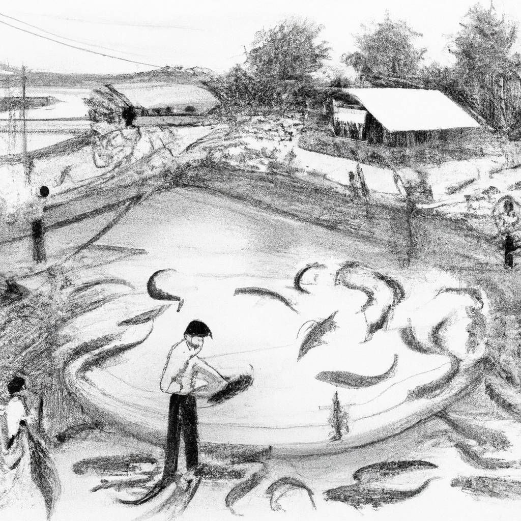 A hand-drawn, black and white pencil illustration of a bustling catfish farm with several ponds filled with leaping catfish. Farmers are seen actively engaged in feeding and caring for the fish, surrounded by nets, buckets, and equipment. In the background, there are small sheds and lush greenery, symbolizing a thriving and organized fish farming business.