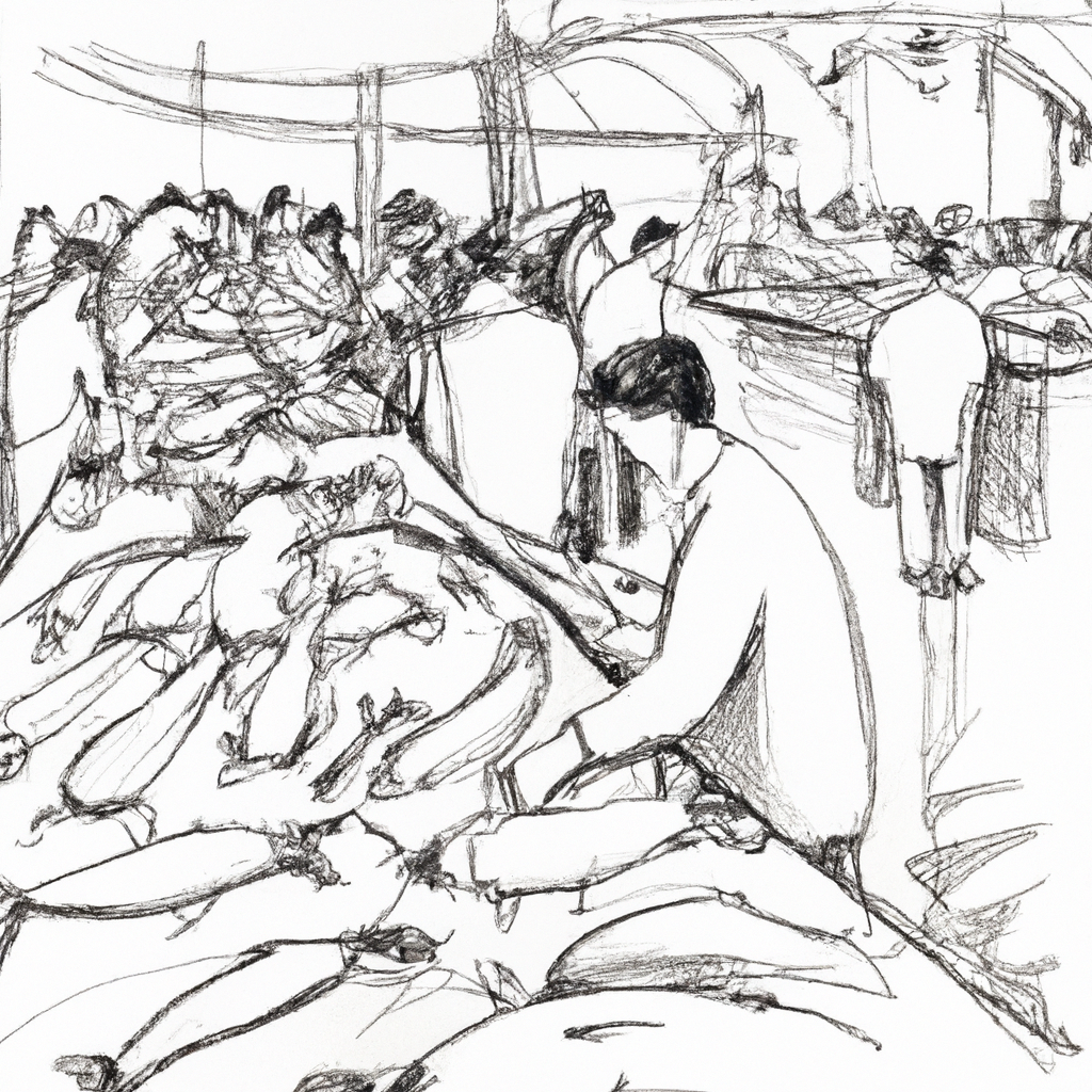 A hand-drawn black and white pencil sketch of a modern fish market showcasing live catfish tanks, bustling with customers and vendors. People are selecting, buying, and admiring catfish, while others are inspecting fresh produce. The market is filled with detail, illustrating the thriving trade of catfish in a contemporary setting.