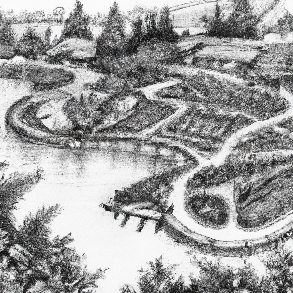 A detailed black and white pencil drawing of a serene fish farm, featuring multiple ponds filled with catfish. The setting includes lush greenery and small pathways around the ponds. Water reflections on the surface are captured in intricate pencil strokes, emphasizing the natural beauty and calm atmosphere.