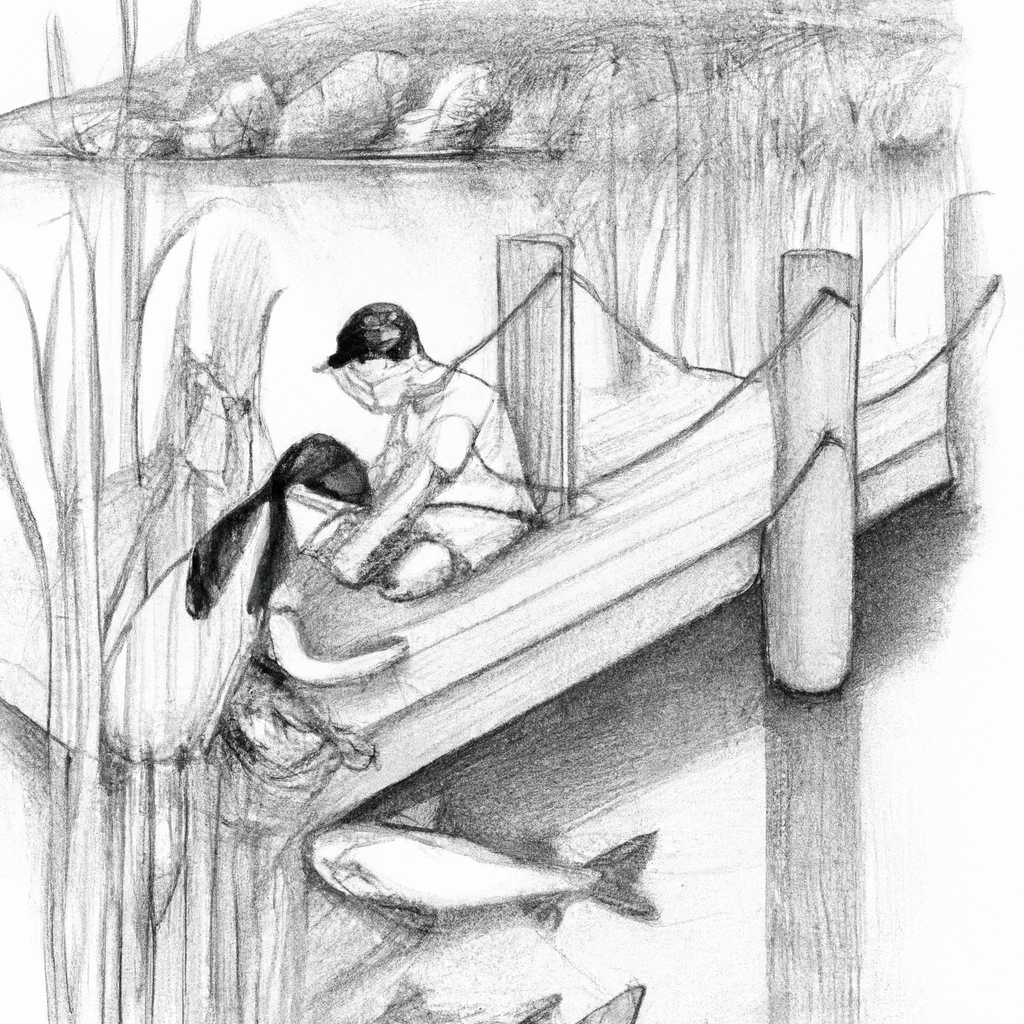 A hand-drawn, black and white pencil illustration of a serene fish farming scene featuring catfish in a pond. The setting includes a small wooden pier, a few reeds along the edges, and a couple of children joyfully interacting with the fish, capturing the nourishing and harmonious relationship between children and nature.