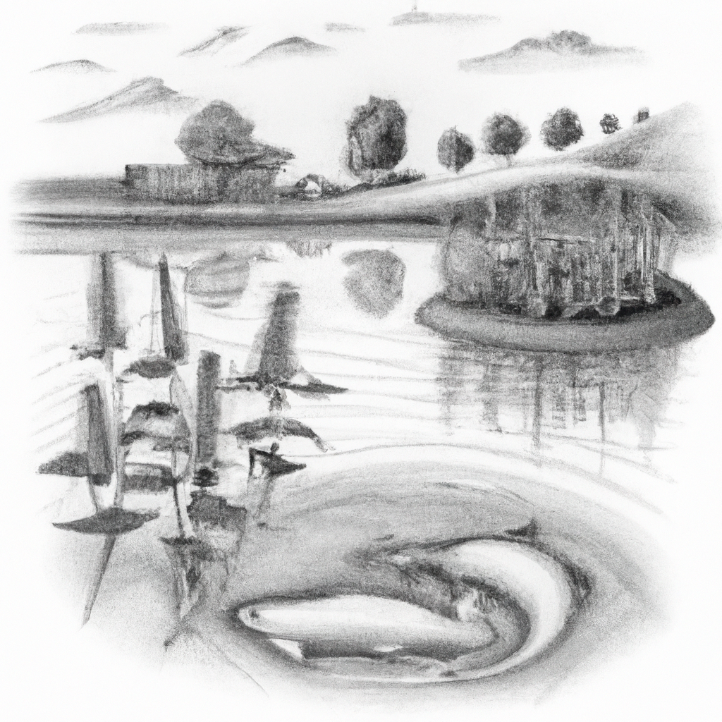 Hand-drawn black and white pencil illustration of a serene fish farming scene, featuring catfish, in a rural setting with ponds surrounded by nature. The emphasis is on the peaceful and sustainable aspect of fish farming, with detailed attention to the water, fish, and surrounding plants.
