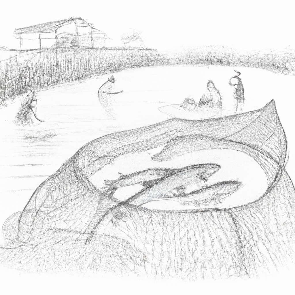 Hand-drawn black and white pencil sketch of a fish farm specializing in catfish, with ponds, fishing nets, and workers harvesting fish, showcasing a thriving environment for sustainable fish farming.