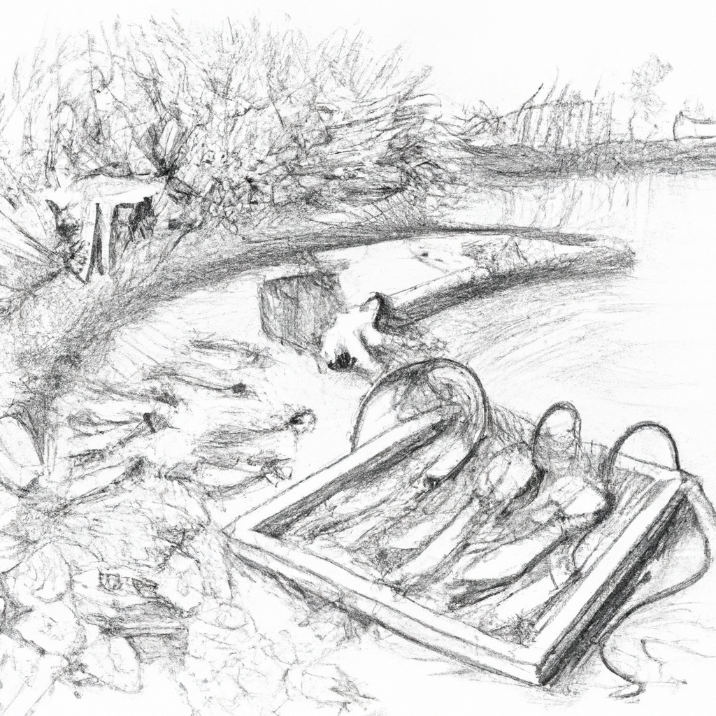 Hand-drawn black and white pencil illustration of an intensive catfish farming setup. The scene includes large outdoor tanks filled with water, several catfish swimming inside, and a person managing the setup cost-effectively using basic tools and materials. This setting is surrounded by lush vegetation and simple farming equipment, emphasizing a sustainable and low-cost fish farming method.