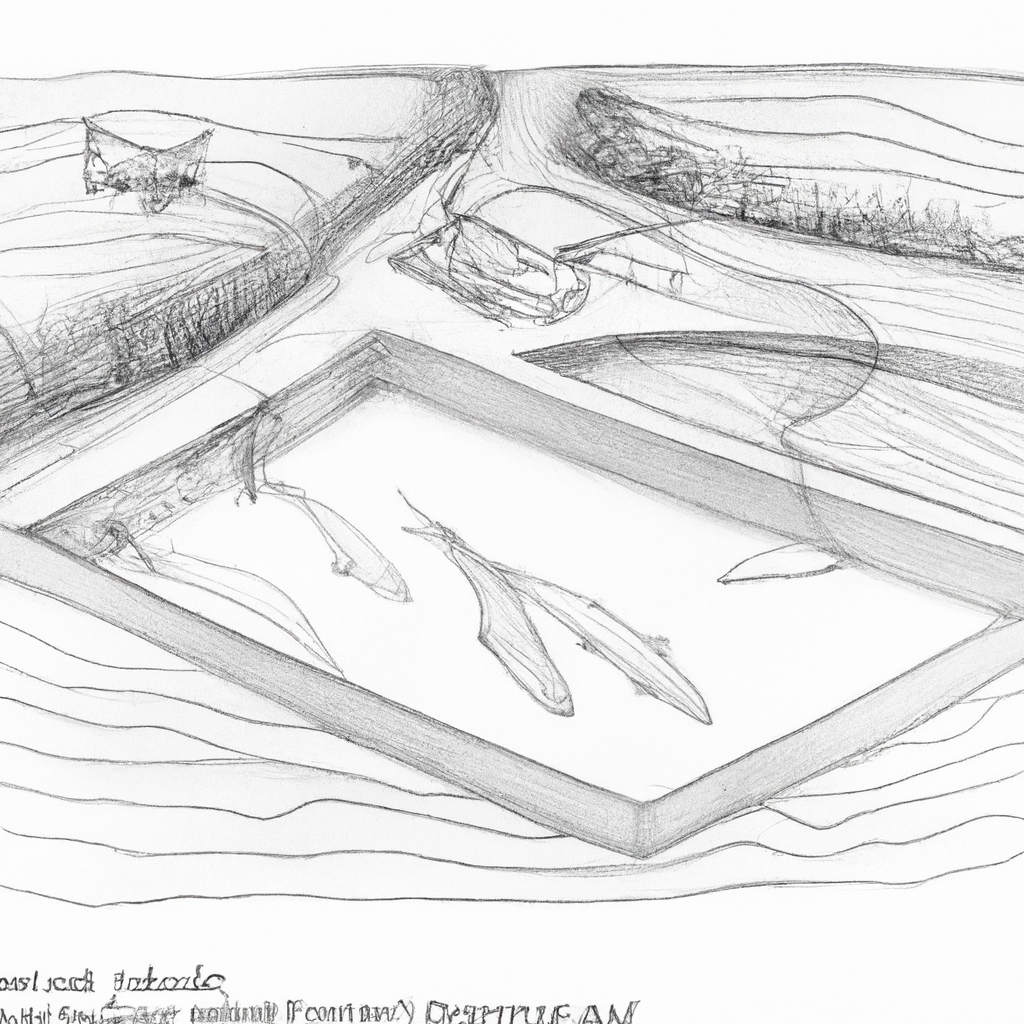 Hand-drawn black and white pencil sketch of a modern catfish farming pond with advanced techniques, showcasing efficient water filtration systems, aeration devices, and a healthy population of catfish swimming. Include an overhead view of the pond layout and surrounding natural environment.