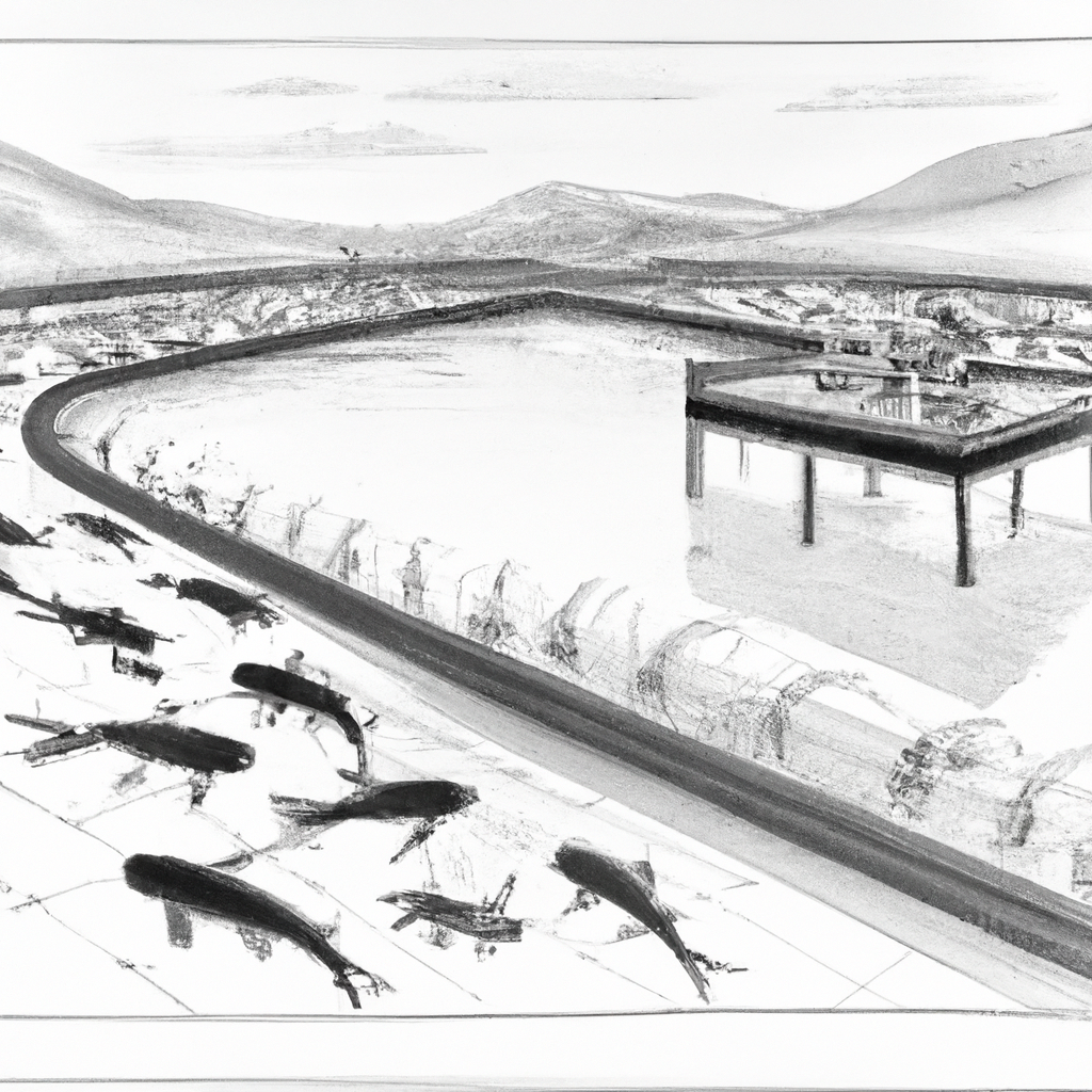 A hand-drawn black and white pencil illustration of a modern and innovative catfish farm. The scene depicts a series of well-organized ponds filled with lively catfish, showing a variety of stages from young fry to mature fish. Surrounding the ponds are streamlined, efficient facilities with workers involved in daily operations, such as feeding the fish and monitoring water quality. In the background, signage highlights sustainable and eco-friendly practices. The overall vibe is contemporary and clean, emphasizing a forward-thinking approach to fish farming.