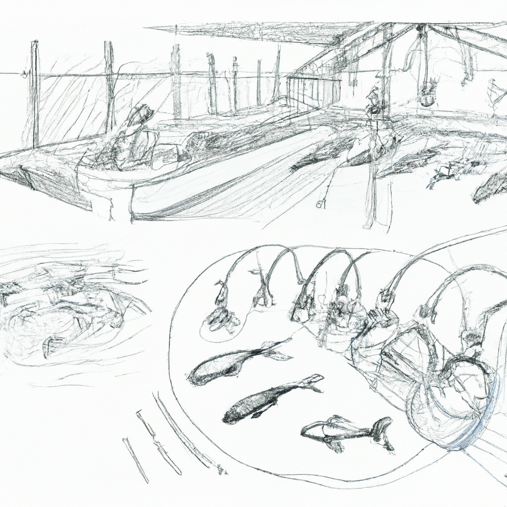 Hand-drawn black and white pencil sketch of a fish farm focusing on reducing mortality in catfish fry, with detailed illustrations of catfish tanks, water filtration systems, and farmers carefully monitoring the young fish.