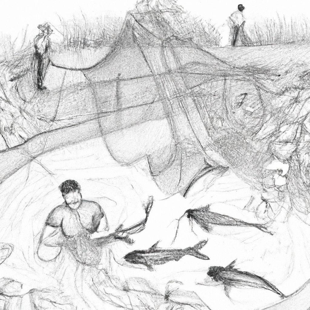 Hand-drawn black and white pencil illustration of a fish farming scene featuring catfish (lele) ponds, with farmers tending to the water, feeding the catfish, and surrounded by nets and aquatic plants.