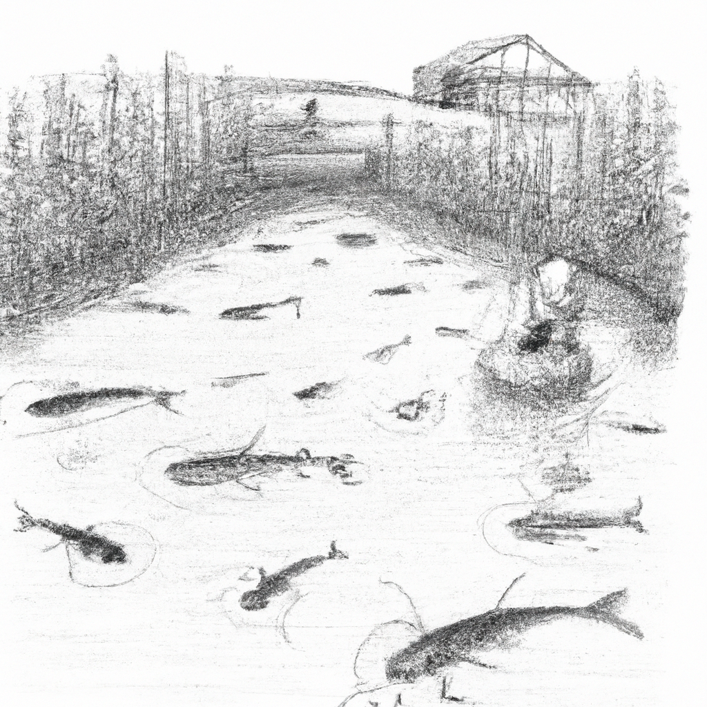 Hand-drawn black and white pencil illustration of a catfish farm scene, showing multiple catfish (Lele) swimming in a pond with bubbles rising to the surface. The setting includes aquatic plants around the pond edges, and a small wooden feeding dock with a farmer in boots feeding the fish with a bucket. Fish tanks in the background with water aeration equipment add a touch of detail to the peaceful and efficient fish farming environment.