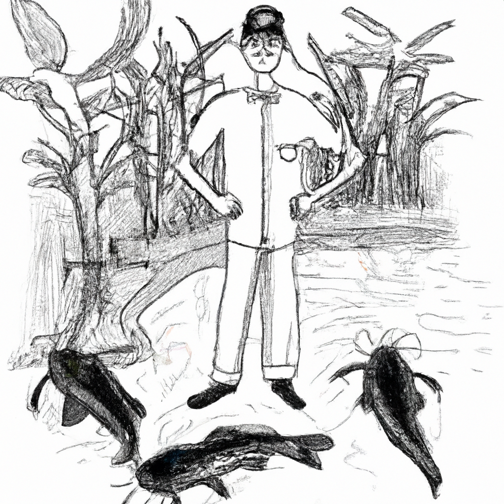 A hand-drawn black and white pencil illustration of a successful Indonesian catfish farmer standing proudly by his fish ponds, surrounded by healthy catfish swimming in the water, with traditional fishing gear and lush tropical vegetation in the background.