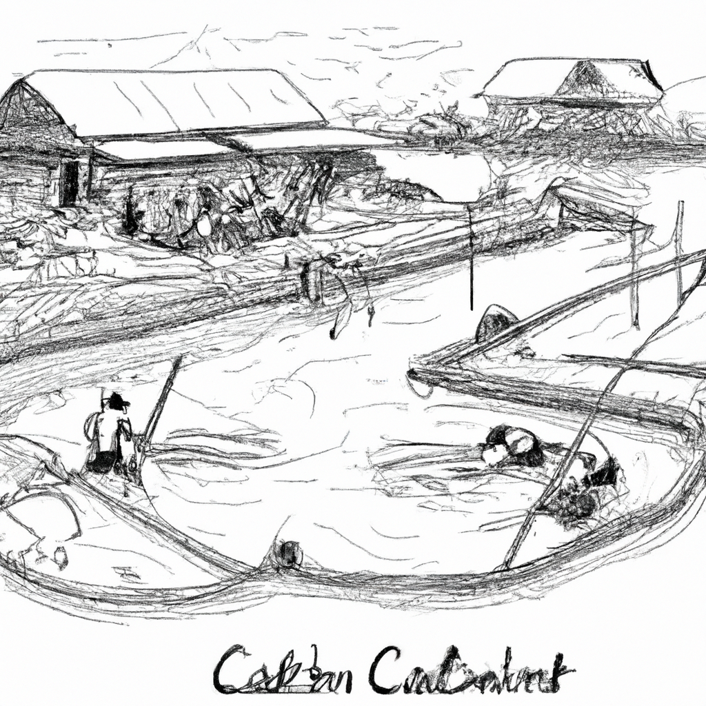 A hand-drawn black and white pencil illustration of a traditional fish farm featuring catfish (ikan lele) ponds, with farmers tending to the fish and various stages of aquaculture equipment and techniques visible. The scene is lively and detailed, capturing a rural setting typical of Southeast Asian fish farming practices.