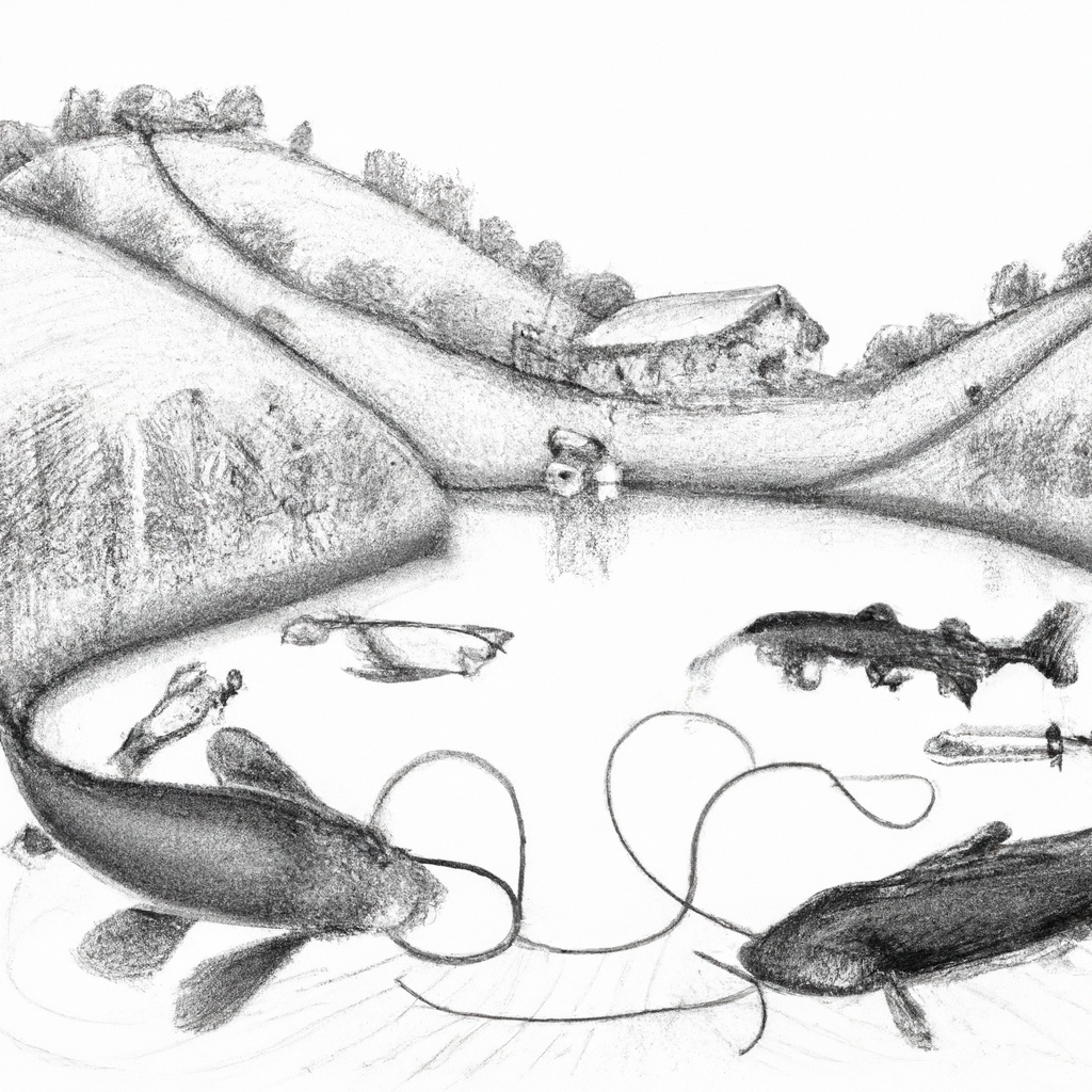 A detailed hand-drawn black and white pencil illustration of a fish farm focused on cultivating catfish, showing a serene water setting with multiple ponds surrounded by lush greenery. Include a close-up of a catfish, emphasizing its features, alongside farmers tending to the ponds, highlighting the sustainable fish farming process.