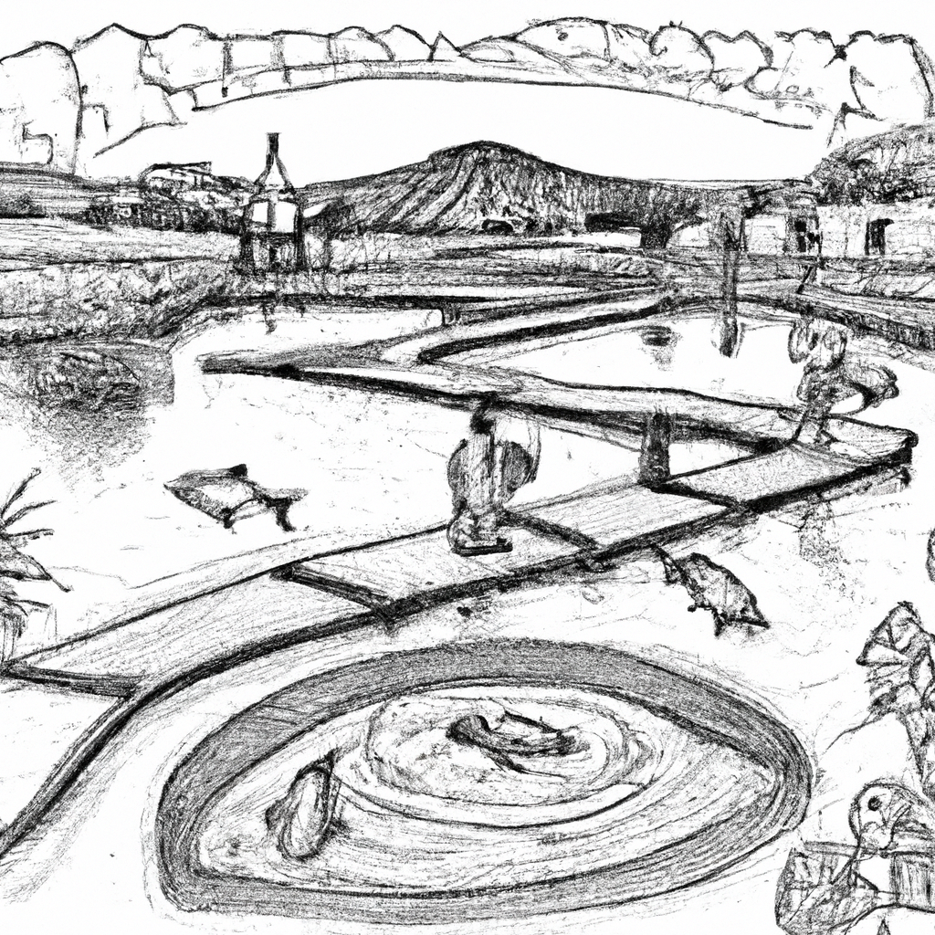 A hand-drawn, black and white pencil sketch of a sustainable catfish farm with multiple earthen ponds filled with water, surrounded by lush greenery; small, detailed illustrations of catfish swimming in the ponds; farmers in hats tending to the fish; rustic wooden platform with nets and simple tools; the background features a serene landscape with trees and a distant hillside.