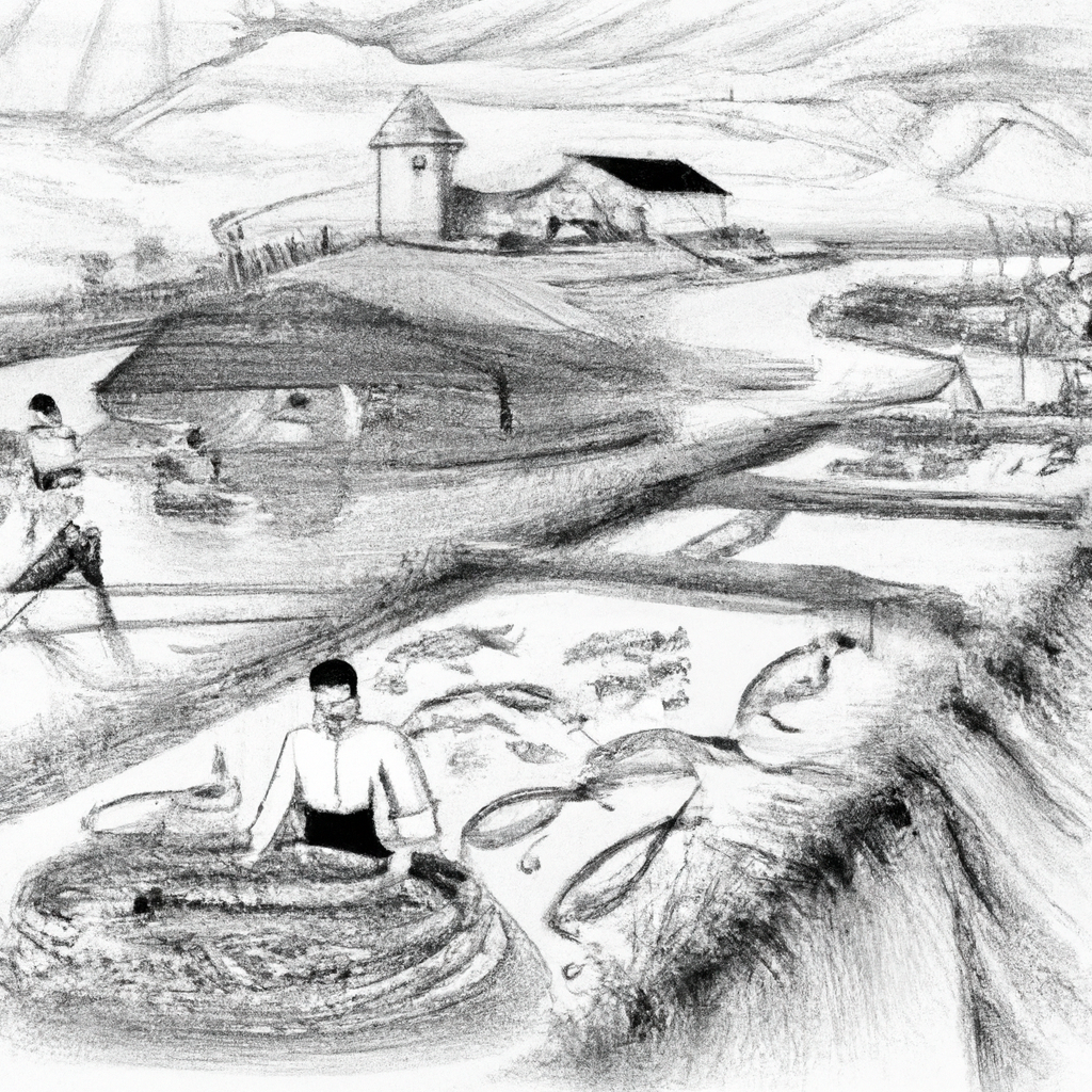 "Hand-drawn black and white pencil sketch of a thriving catfish (lele) farm, featuring fish ponds, catfish being harvested, and farmers calculating profits. Include various elements of a successful aquaculture operation, such as nets, feeding stations, and a barn in the background."