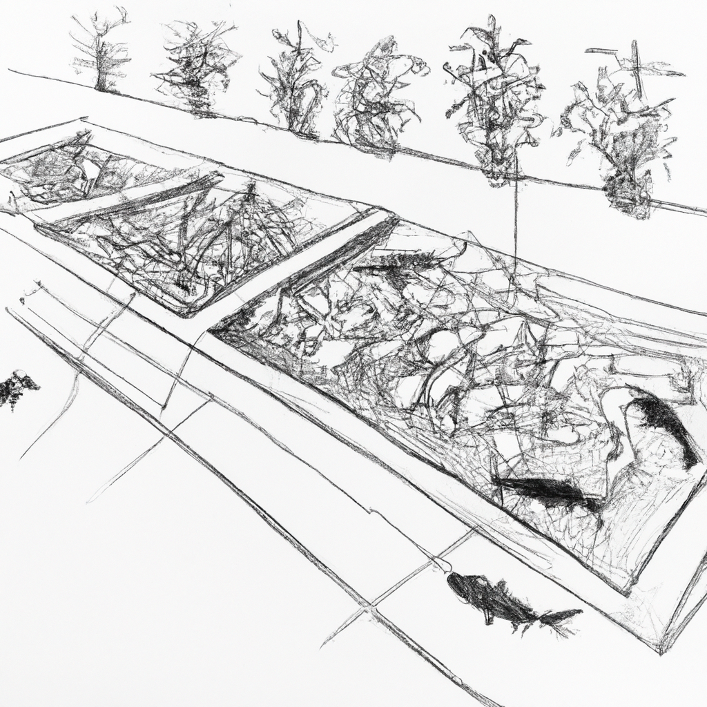 A hand-drawn black and white pencil sketch of an integrated fish farming system, featuring rows of aquaponic plants above tanks of catfish in a harmonious and sustainable setup. The catfish swim in the lower tanks, while the plants, including leafy greens and vegetables, grow above, benefiting from the nutrients provided by the fish. The scene captures a peaceful and efficient agricultural cycle, highlighting the collaboration between aquaculture and hydroponic gardening.