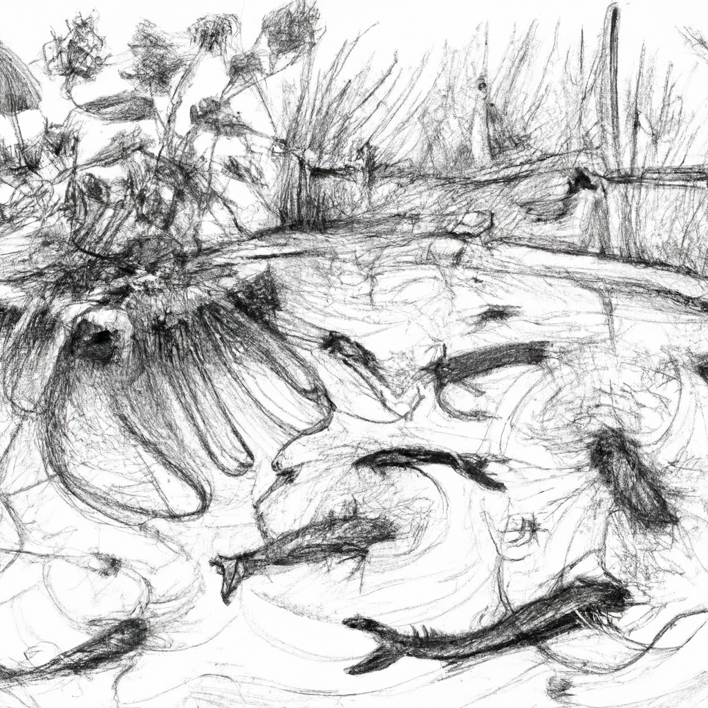 A hand-drawn black and white pencil sketch of a vibrant fish farming scene with several catfish (lele) swimming in a pond. The background includes detailed elements like water plants and rustic wooden equipment. The scene captures a tranquil, yet industrious atmosphere of a traditional fish farming environment.