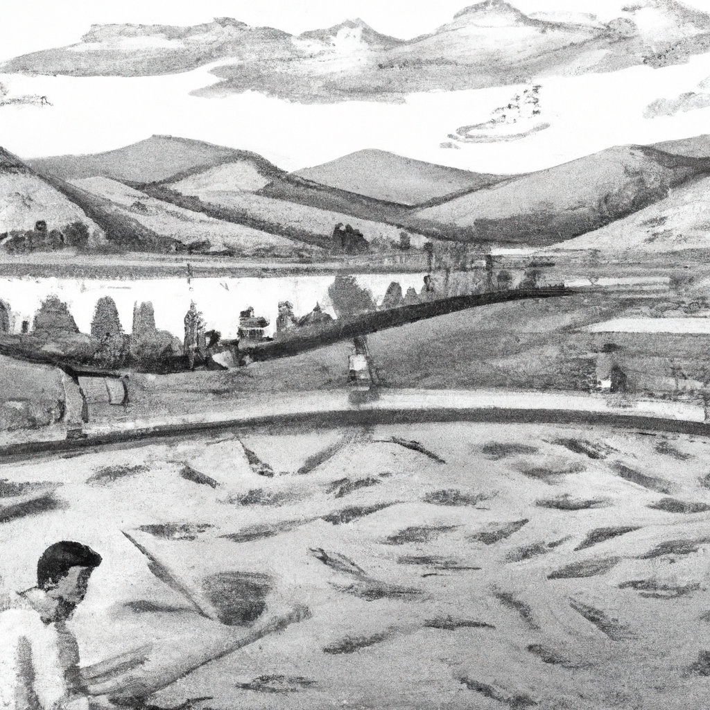 Hand-drawn black and white pencil illustration of a bustling fish farm, showcasing large ponds filled with active fish. The scene includes fishermen in traditional attire tending to the water, surrounded by lush greenery with distant hills. The focus is on the vibrant activity and serene rural setting, emphasizing traditional fish farming techniques.
