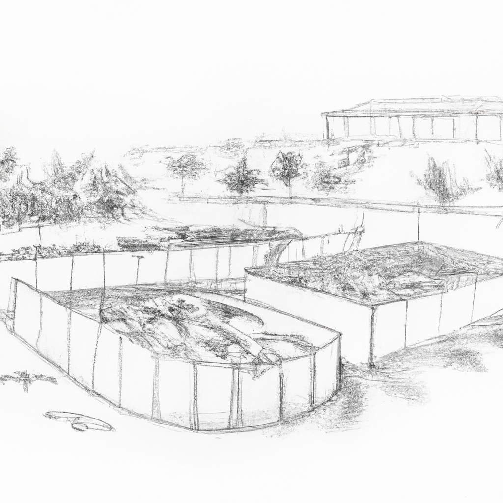 A hand-drawn black and white pencil sketch of a modern catfish farming setup, featuring advanced wastewater management techniques with tanks and filtration systems, surrounded by lush vegetation.