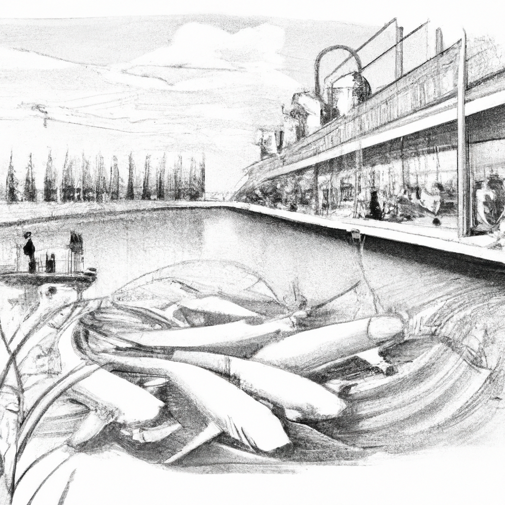 A detailed hand-drawn black and white pencil illustration of a premium catfish farm focusing on innovative and strategic techniques. The scene includes fish tanks with large, healthy catfish being carefully monitored, workers using advanced farming equipment, and a backdrop of a modern, eco-friendly facility with lush greenery. The image highlights the harmony between technology and nature in a successful fish farming operation.