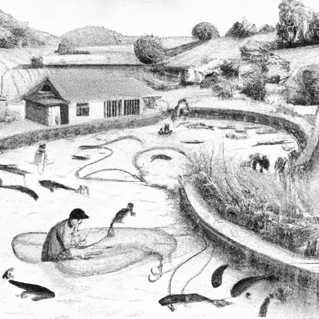 An intricate hand-drawn black and white pencil illustration of a serene and productive catfish farm. The scene includes multiple large ponds filled with thriving catfish, surrounded by lush greenery and organized farming equipment. Farmers are seen tending to the ponds, checking water quality, and feeding the fish. The overall atmosphere is peaceful and industrious, capturing the essence of a successful and sustainable aquaculture operation.