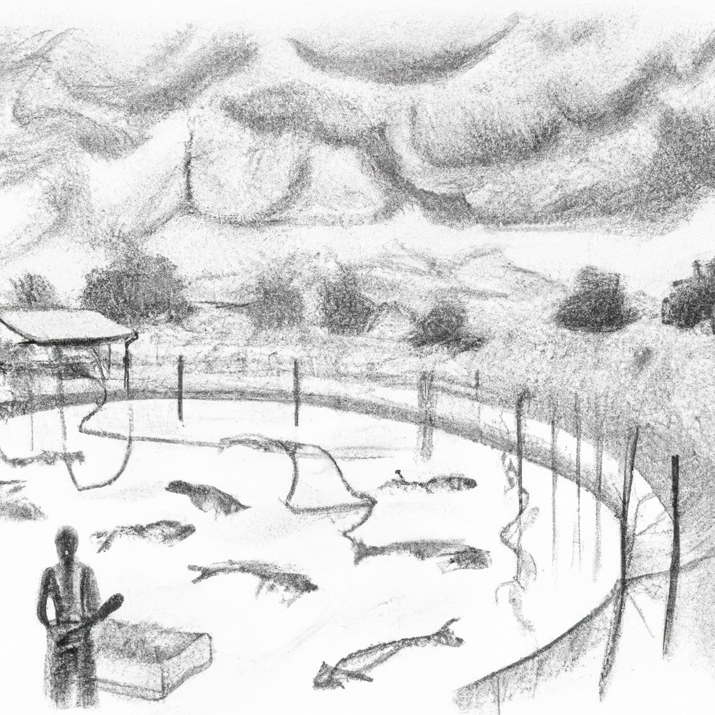 Hand-drawn black and white pencil sketch of a fish farm, showcasing successful catfish farming techniques during the rainy season. The scene includes a well-maintained pond, catfish swimming, rain clouds, and a farmer managing the pond with tools. The image captures the essence of sustainable aquaculture in a rural setting.