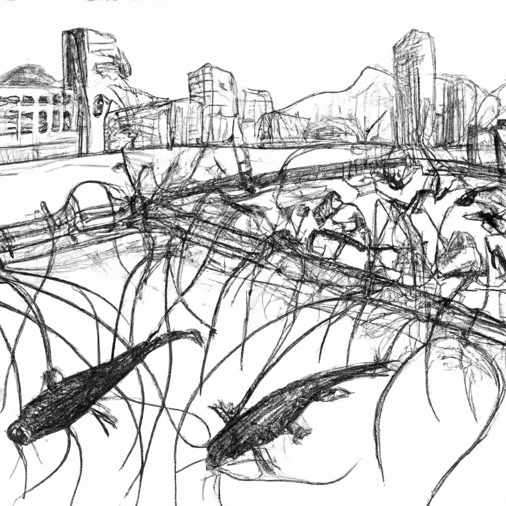 A hand-drawn black and white pencil sketch of an aquaponics system in an urban setting, featuring catfish farming. The scene includes tanks with catfish, plants growing above with roots visible in the water, and the cityscape in the background, showcasing a harmonious blend of agriculture and urban life.