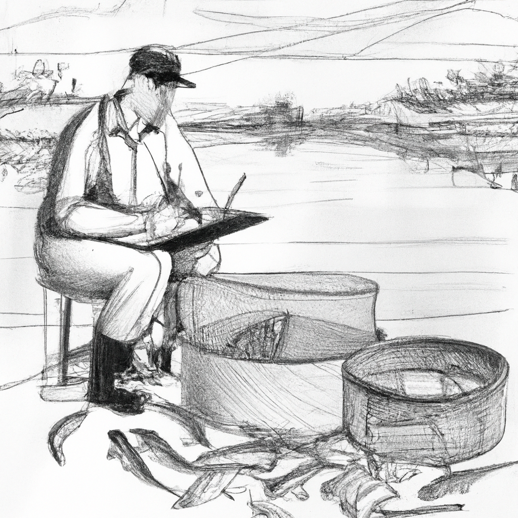 Hand-drawn black and white pencil sketch of a fish farmer at a pond full of catfish, carefully calculating the selling price of the fish. The scene includes a variety of tools such as a weighing scale, a notebook with scribbled numbers, and baskets filled with harvested catfish. The background shows a serene fish farm setting with calm water, lush aquatic plants, and distant hills, emphasizing the tranquil environment of a rural fish farming business.