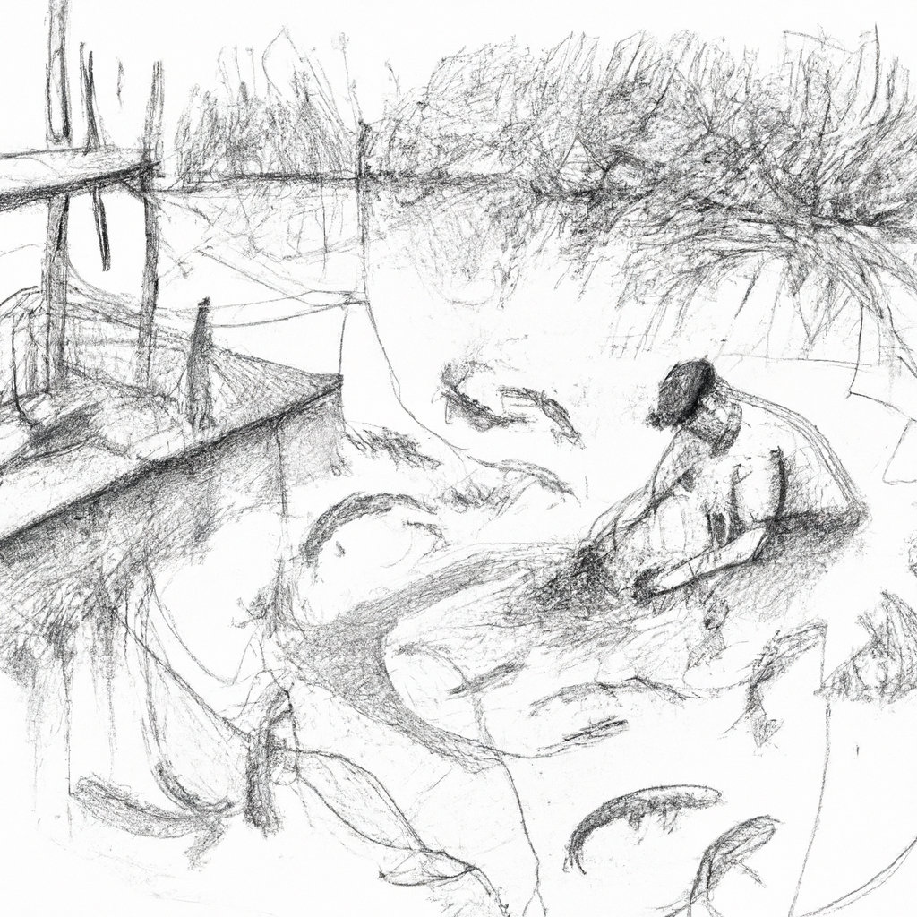 "Hand drawn black and white pencil sketch of a fish farmer carefully feeding a pond of lele catfish, with a detailed background of a small-scale aquaculture setup, including netted enclosures and floating feeding platforms."