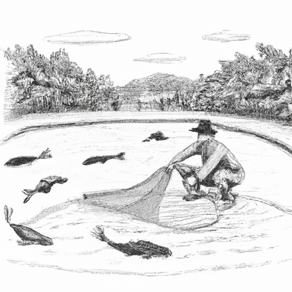 A detailed hand-drawn black and white pencil sketch of a fish farming scene, featuring a farmer harvesting catfish (Lele) from a pond. The setting is a rural fish farm with rows of neatly arranged fish ponds, surrounded by trees and simple farming equipment. The farmer is carefully collecting the mature catfish with a net, wearing traditional farming attire. The scene captures the essence of sustainable agriculture and aquaculture practices.
