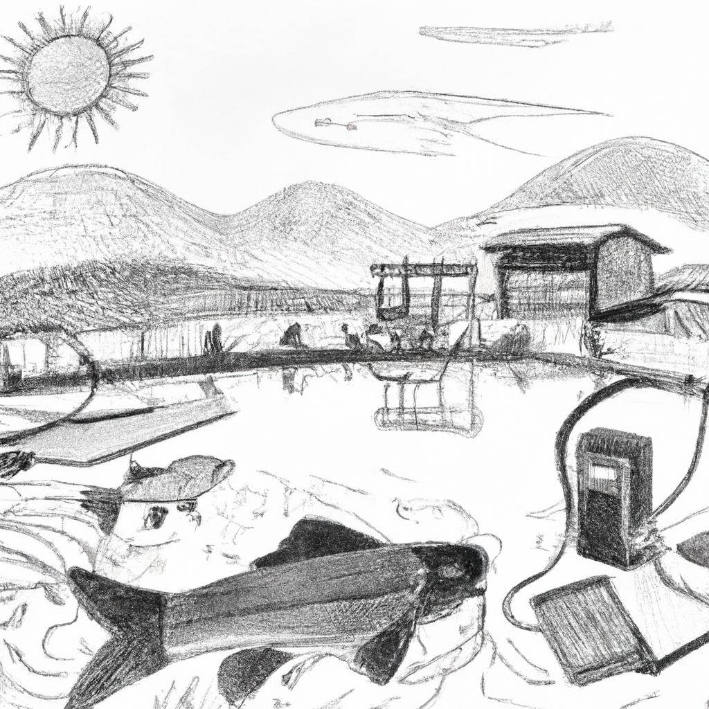 A hand-drawn black and white pencil illustration of innovative technology in catfish farming, featuring small ponds with modern equipment, automated feeding systems, and solar panels for sustainable energy, surrounded by a natural rural landscape.