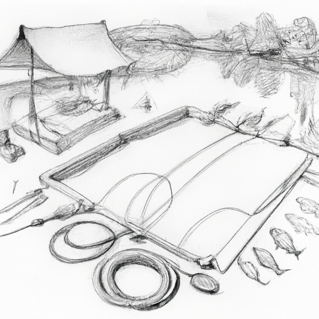 A hand-drawn black and white pencil sketch of a practical fish farming setup featuring a tarp pond specifically for catfish, surrounded by simple tools and equipment for maintenance. The pond is nestled in a rural setting, with basic framework and clear details of the tarp material. Nearby, a few catfish swim in visible detail within the pond, and there are small, informative signs or notes that provide a step-by-step process for setting up and maintaining such a system.