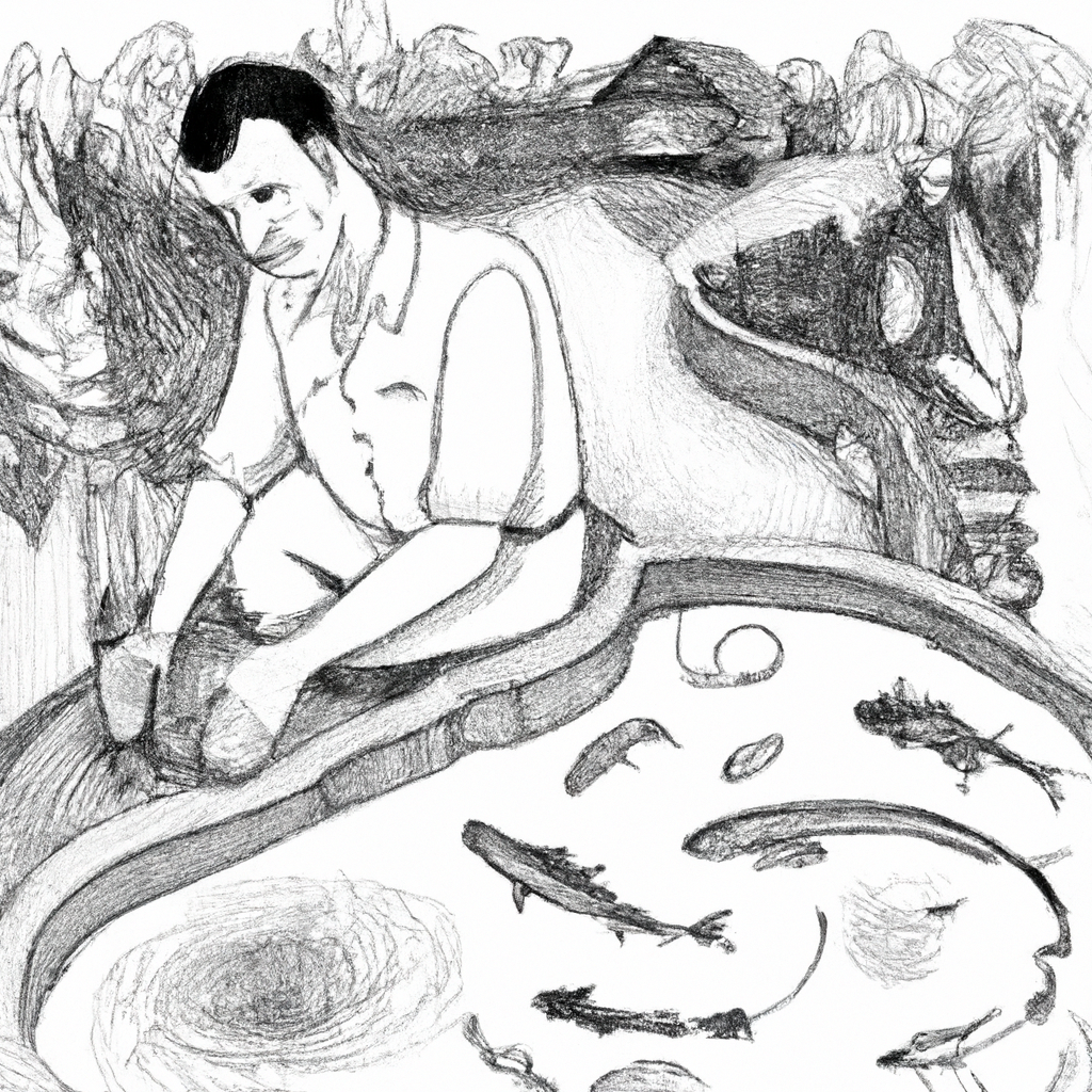 A hand-drawn black and white pencil illustration of a retired person tending to a catfish farm. The scene includes several catfish ponds surrounded by lush foliage. The retired person is feeding the fish and looks content. There are simple tools and equipment visible, emphasizing an atmosphere of tranquility and fulfillment in fish farming.