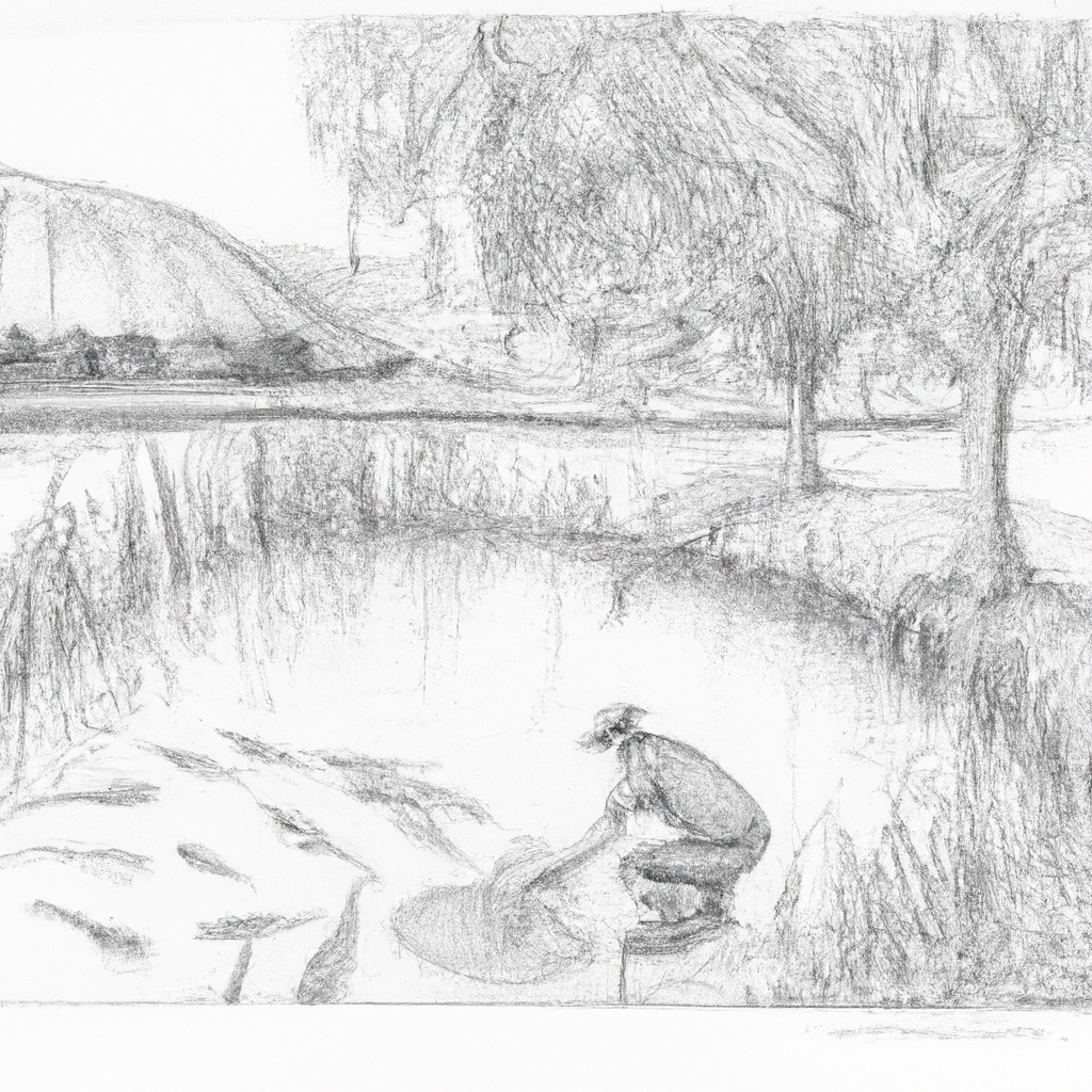 A detailed hand-drawn black and white pencil sketch depicting a traditional fish farming scene. The image includes a serene pond environment with catfish (lele) visible in the water, surrounded by natural elements like trees and grasses. A farmer is nearby, tending to the fish with simple tools, showcasing the traditional methods of aquaculture in a calm rural setting.