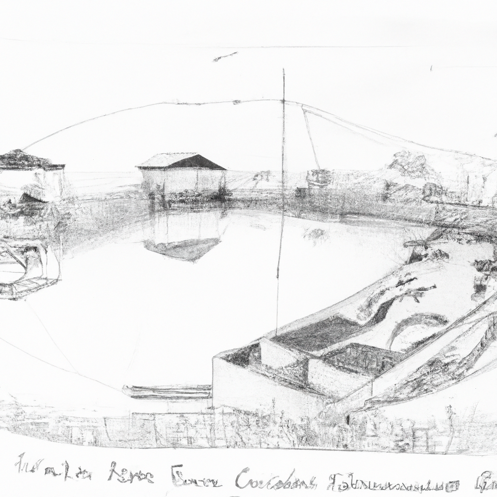 A detailed hand-drawn black and white pencil sketch of a sustainable fish farming setup, focusing on catfish (lele) waste management. The scene includes tanks or ponds with lele fish, a system for processing waste into useful byproducts, and farmers actively engaged in these processes. The setting emphasizes an eco-friendly and innovative approach to increasing profits through waste recycling.
