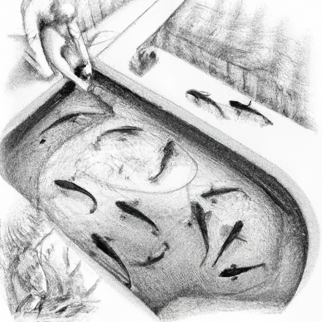 A detailed hand-drawn black and white pencil illustration of catfish farming in a concrete pond. The scene includes several catfish swimming in the water, with a detailed view of the pond structure, a farmer feeding the fish, and surrounding elements like equipment used in the fish farming process, such as nets and water tanks. The focus is on capturing the traditional and manual aspects of fish farming.