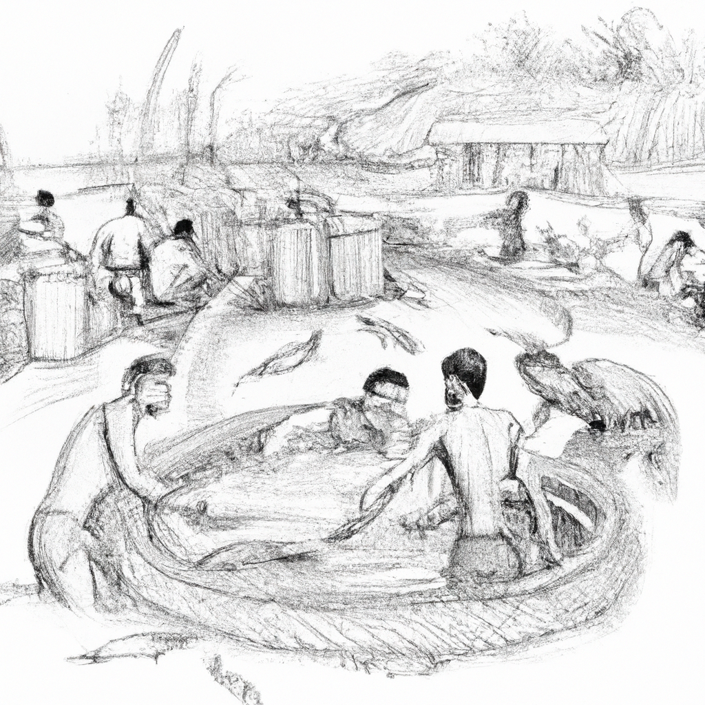 Hand-drawn black and white pencil sketch of a local fish farming scene, featuring people engaged in the business of catfish (lele) hatchery. Illustrate a lively marketplace setting with ponds, fish tanks, and various equipment for fish farming. Show individuals sorting and selling catfish fingerlings, capturing the industrious atmosphere of the local catfish seed market. Include traditional attire and market stalls to emphasize the local cultural environment.