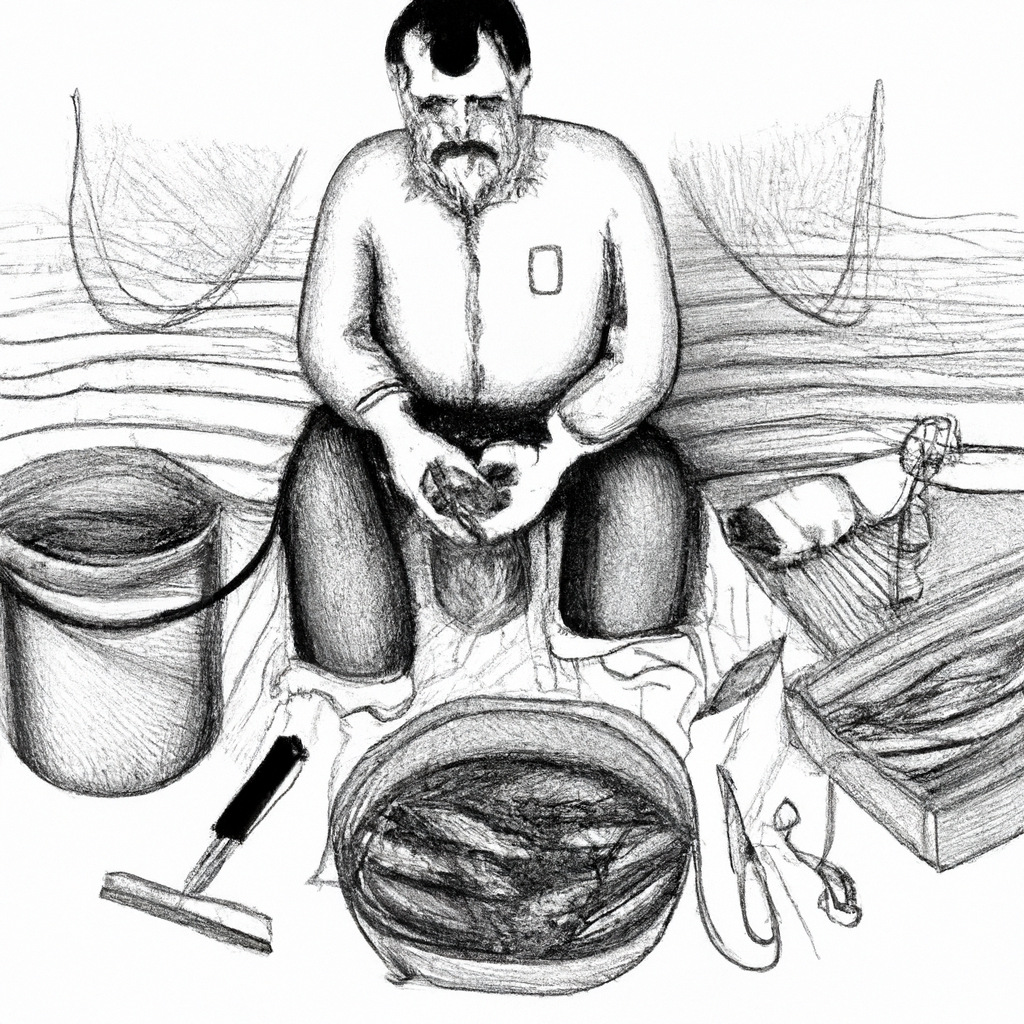 A hand-drawn black and white pencil illustration of a fish farmer carefully examining and quarantining catfish fingerlings in a small container, surrounded by essential fish farming equipment in an organized farm setting. The farmer is depicted with a thoughtful expression, considering the health and wellbeing of the fish before introducing them to the larger pond.