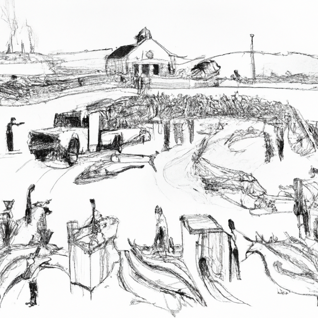 A hand-drawn black and white pencil sketch of a busy fish farming scene with people working on distributing catfish. The scene includes large tanks or ponds filled with swimming catfish, workers loading catfish into containers, and trucks ready for transportation. The setting is lively, showing the various stages of catfish distribution, with a rural backdrop typical of a fish farm.